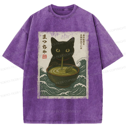 Tokyo-Tiger Black Cat and Matcha with Waves Washed T-Shirt