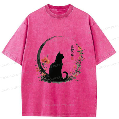 Tokyo-Tiger Black Cat And Flowers Washed T-Shirt