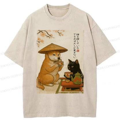 Tokyo-Tiger Tea Time with Shiba Inu and Black Cat Washed T-Shirt