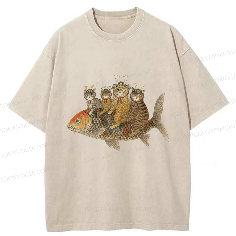 Tokyo-Tiger Funny Samurai Cat Riding a Fish Washed T-Shirt
