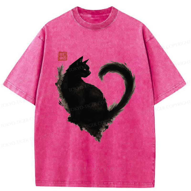 Tokyo-Tiger Funny Heart-Shaped Ink Cat  Washed T-Shirt