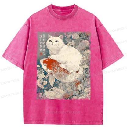 Tokyo-Tiger Japanese Cat Koi Fish Washed T-Shirt
