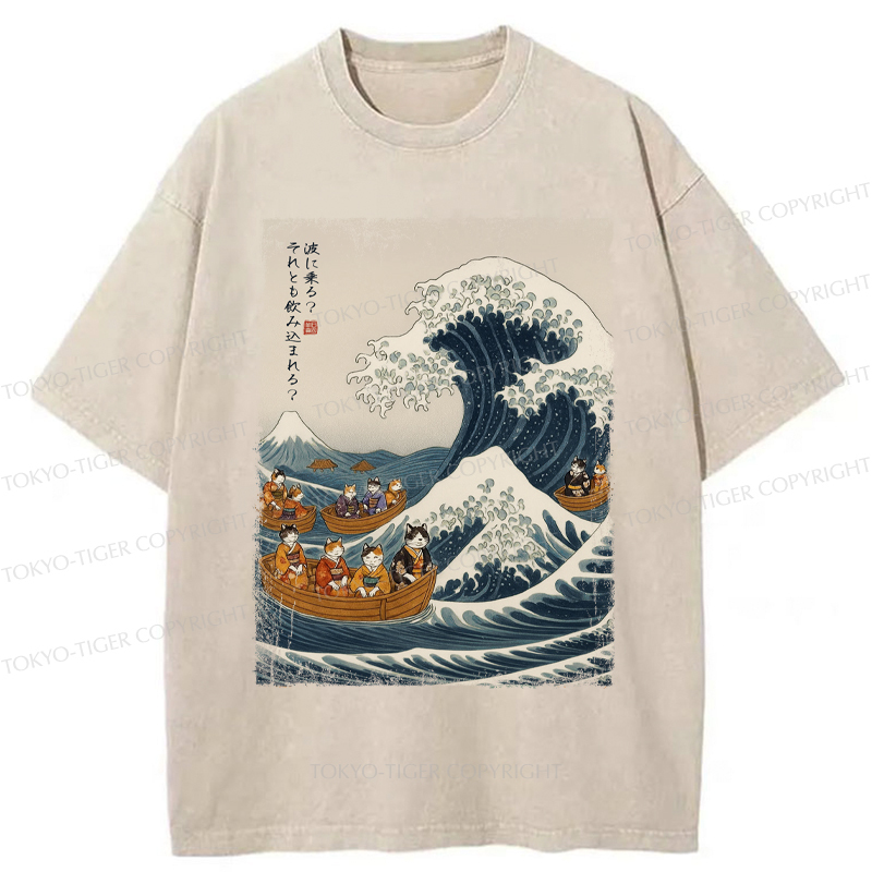 Tokyo-Tiger Japanese Cat Surfing Ukiyo-e Washed T-Shirt