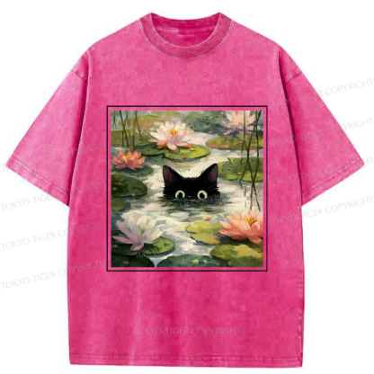 Tokyo-Tiger Black Cat and Lotus Flower Washed T-Shirt