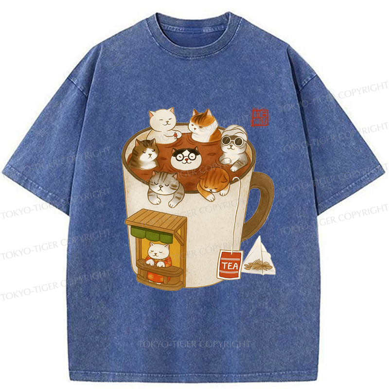 Tokyo-Tiger Funny Cat Brewing Tea Washed T-Shirt