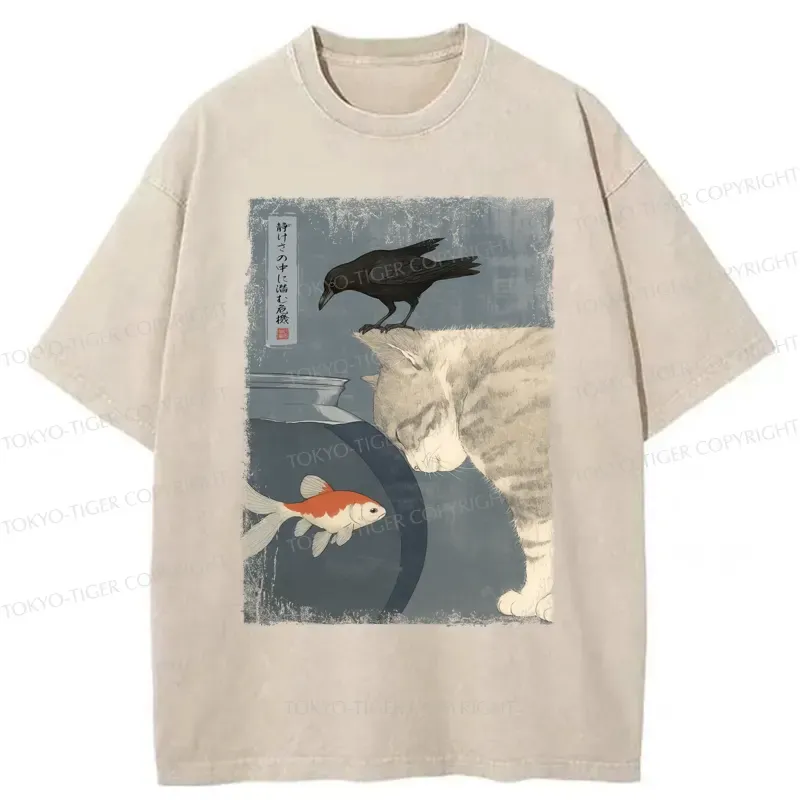 Tokyo-Tiger Crow And Cat Watching Fish T-Shirt