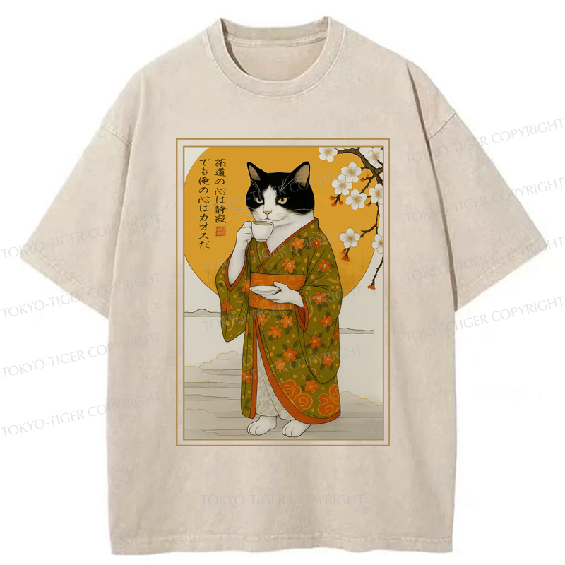 Tokyo-Tiger Cat Serene Tea Chaotic Soul Washed T-Shirt