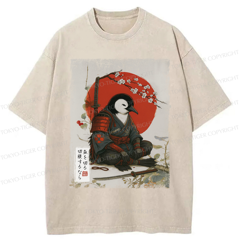 Tokyo-Tiger Japanese The Samurai Penguin Washed T-Shirt