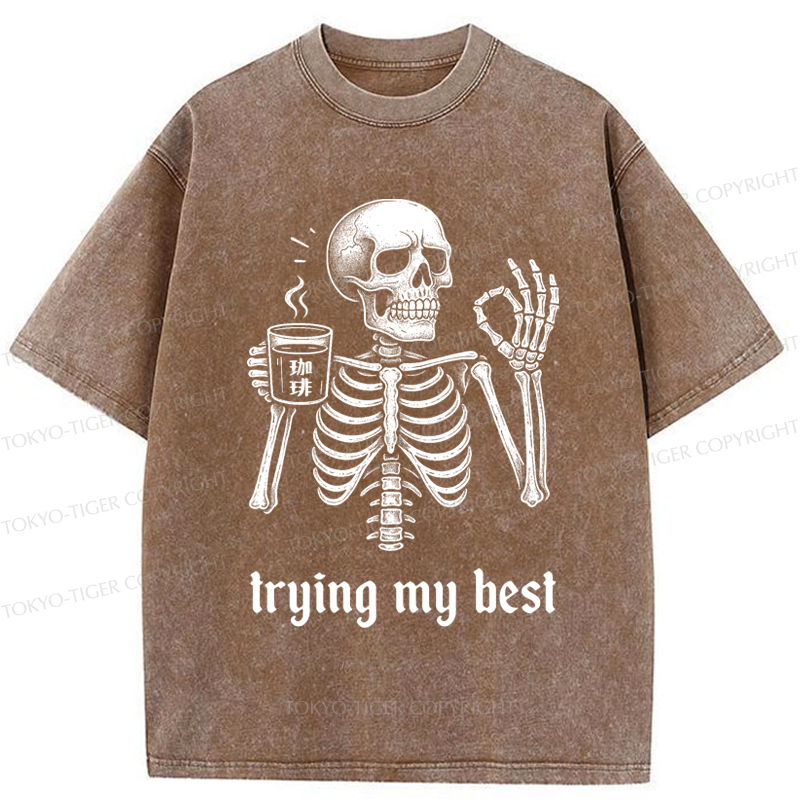 Tokyo-Tiger Skull Trying His Best  Washed T-Shirt