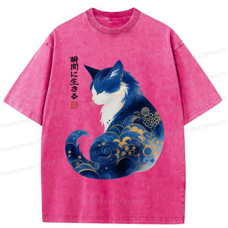Tokyo-Tiger Retro Zen Cat: Living the Present Washed T-Shirt