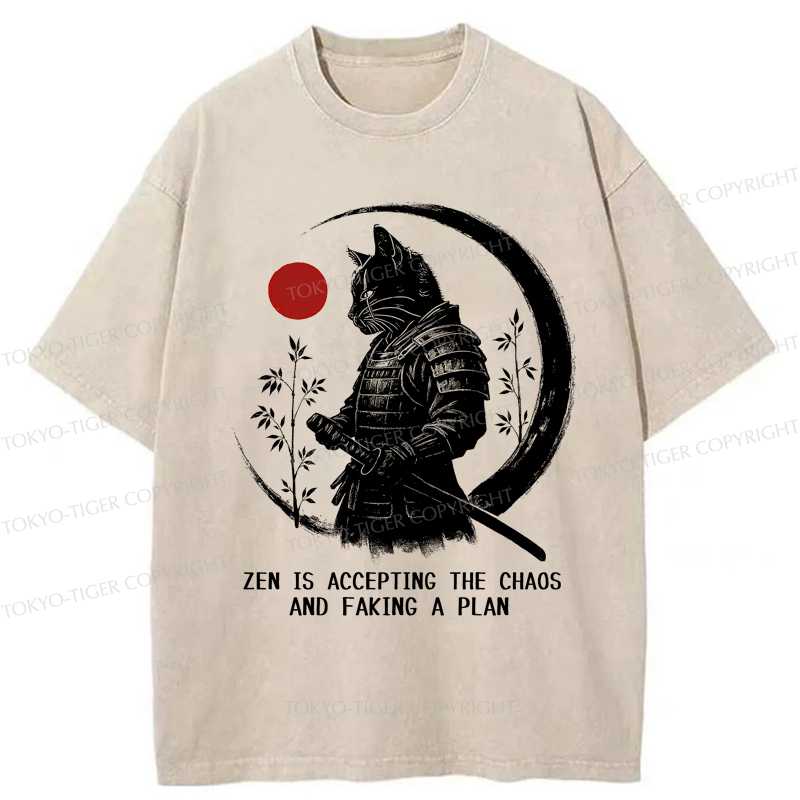 Tokyo-Tiger Zen Cat: Warrior of Serenity Washed T-Shirt
