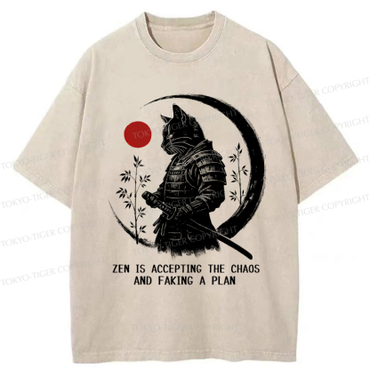 Tokyo-Tiger Zen Cat: Warrior of Serenity Washed T-Shirt