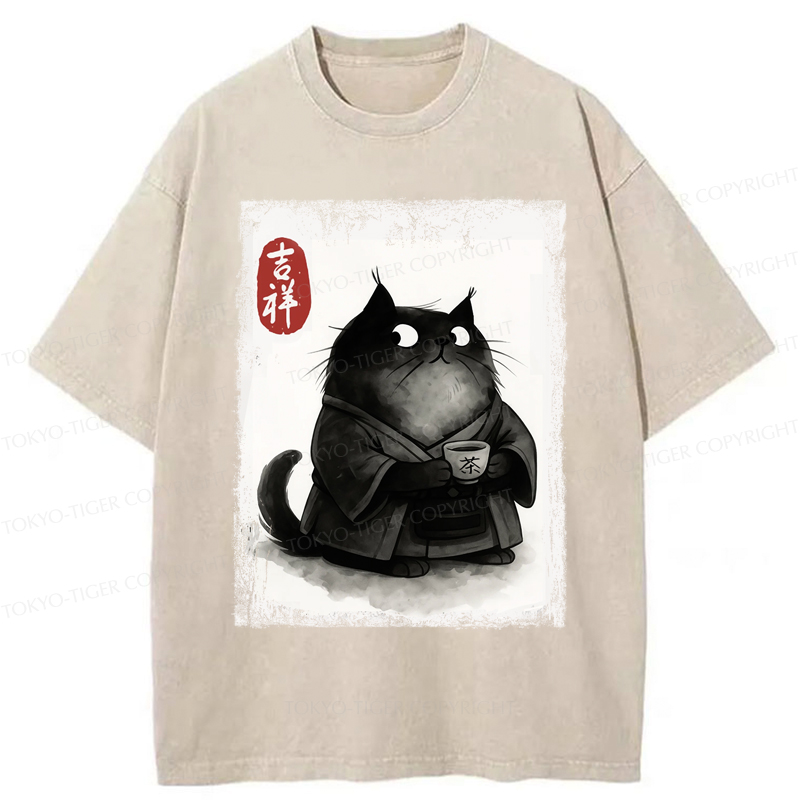 Tokyo-Tiger The Black Cat’s Tea Ritual Zen Ink Painting Washed T-Shirt