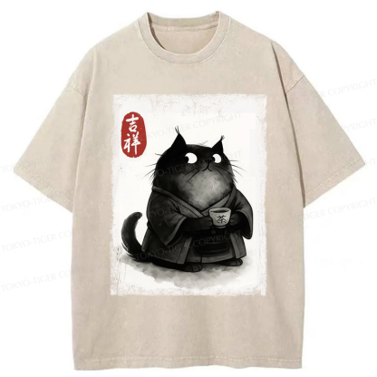 Tokyo-Tiger The Black Cat’s Tea Ritual Zen Ink Painting Washed T-Shirt