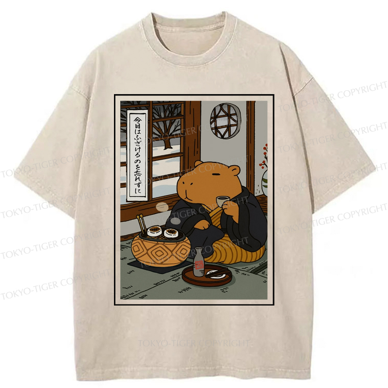 Tokyo-Tiger The Silly Capybara is Drinking Tea Zen Washed T-Shirt