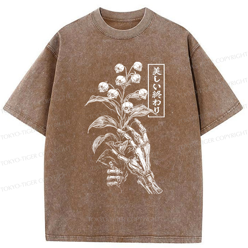 Tokyo-Tiger Funny Halloween Skull Flower Washed T-Shirt