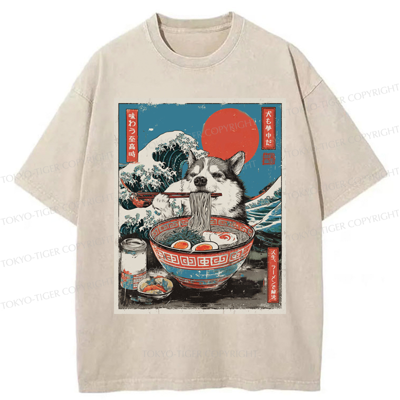 Tokyo-Tiger Ukiyo-e Style: A Funny Dog Eating Ramen Washed T-Shirt
