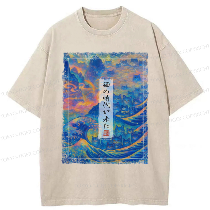 Tokyo-Tiger Riding the Feline Wave Time  Washed  T-Shirt