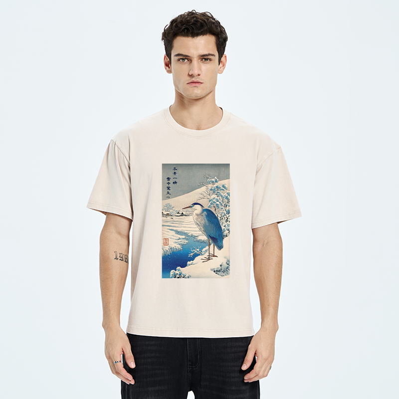 Tokyo-Tiger Grey Heron In Snow Washed T-Shirt