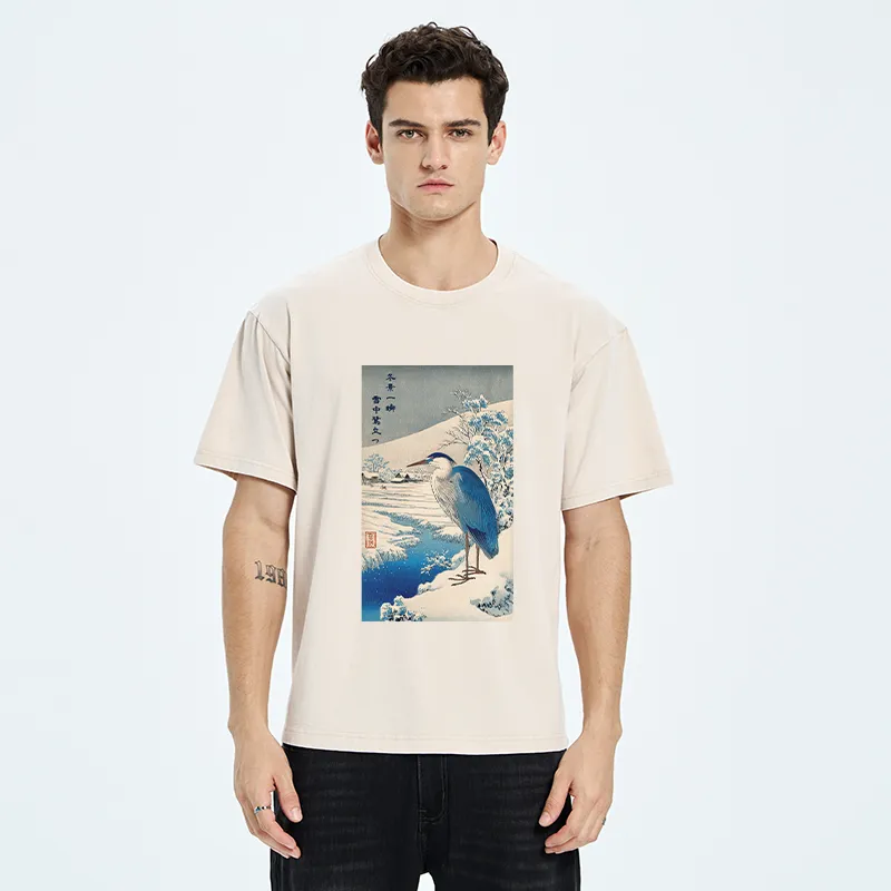 Tokyo-Tiger Grey Heron In Snow Washed T-Shirt