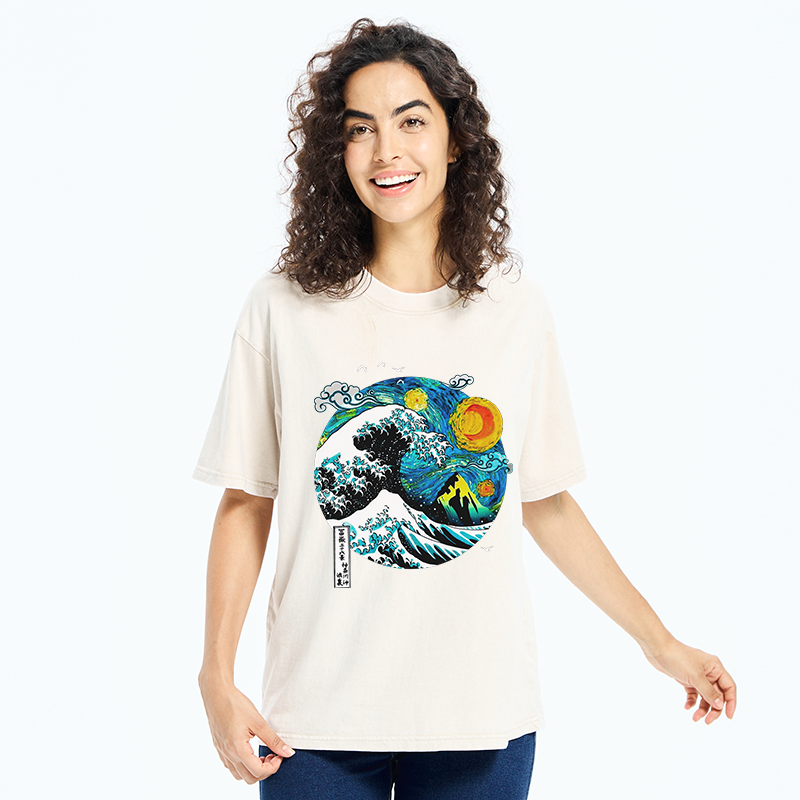 Tokyo-Tiger Oil Painting Ukiyo-e Wave Washed T-Shirt