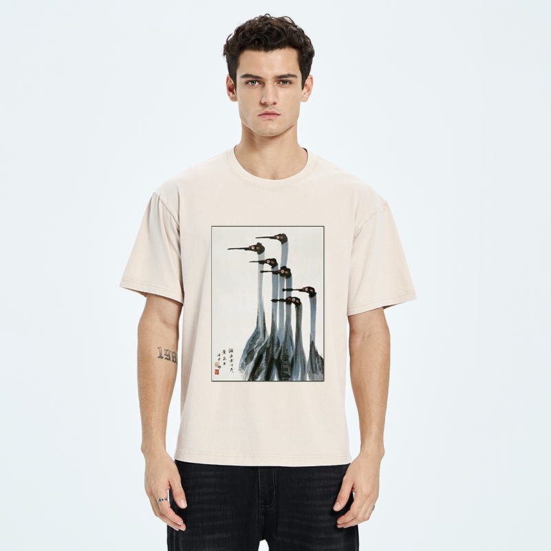 Tokyo-Tiger Retro Crane Painting Washed T-Shirt