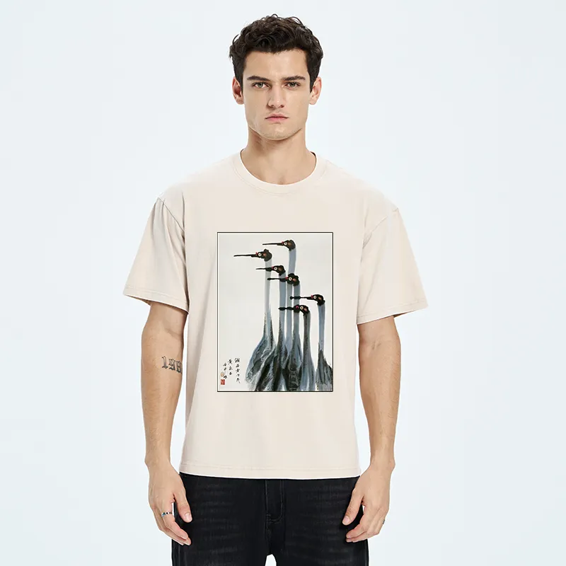 Tokyo-Tiger Retro Crane Painting Washed T-Shirt