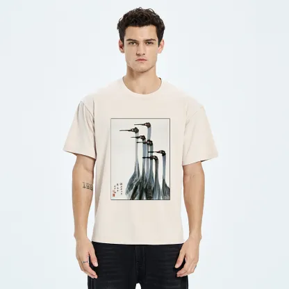 Tokyo-Tiger Retro Crane Painting Washed T-Shirt