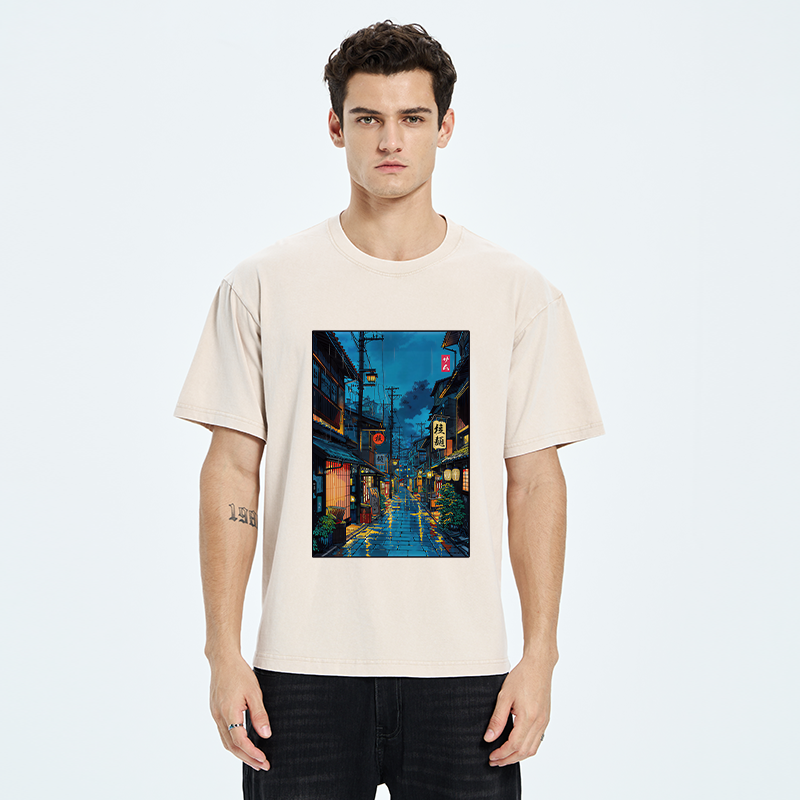 Tokyo-Tiger Japanese Teahouse Street Scene Washed T-Shirt