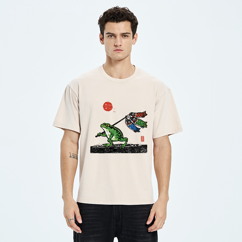 Tokyo-Tiger The Frog Carrying Carp Flags Washed T-Shirt