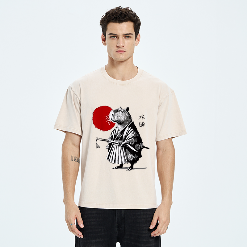 Tokyo-Tiger Capybara Samurai And Sun Washed T-Shirt