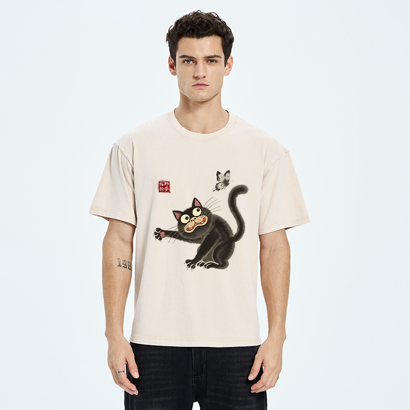 Tokyo-Tiger Cat Catching Butterflies Washed T-Shirt