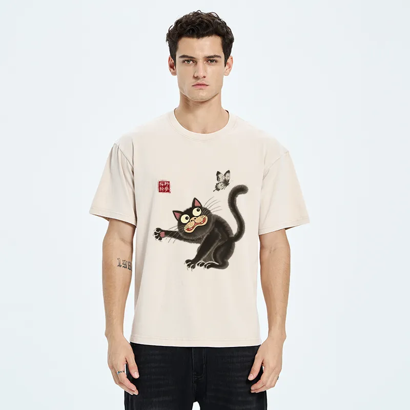 Tokyo-Tiger Cat Catching Butterflies Washed T-Shirt