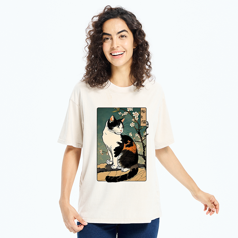 Tokyo-Tiger The Cat Under the Sakura Washed T-Shirt