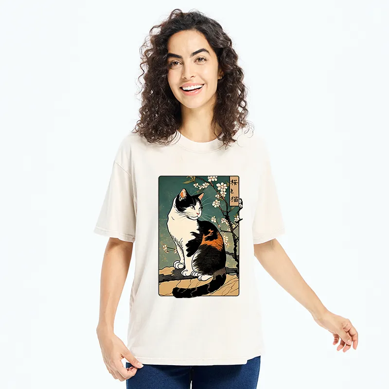 Tokyo-Tiger The Cat Under the Sakura Washed T-Shirt