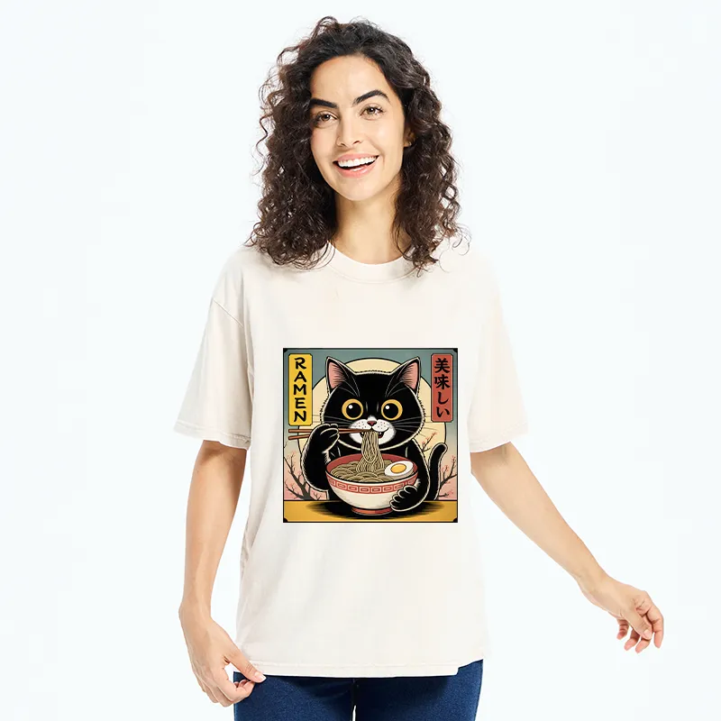 Tokyo-Tiger Black Cat Eats A Big Bowl Of Ramen Funny Washed T-Shirt