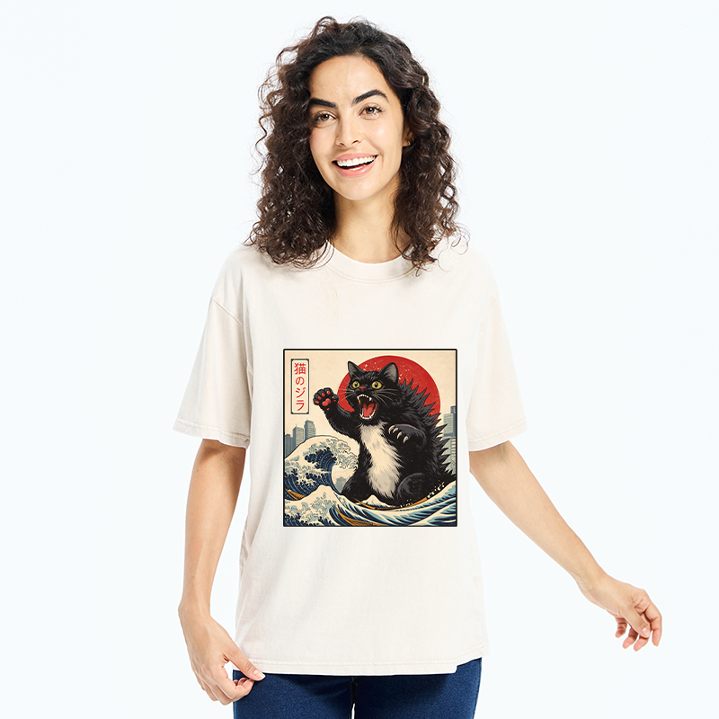 Tokyo-Tiger Black Cat Eats A Big Bowl Of Ramen Funny Washed T-Shirt