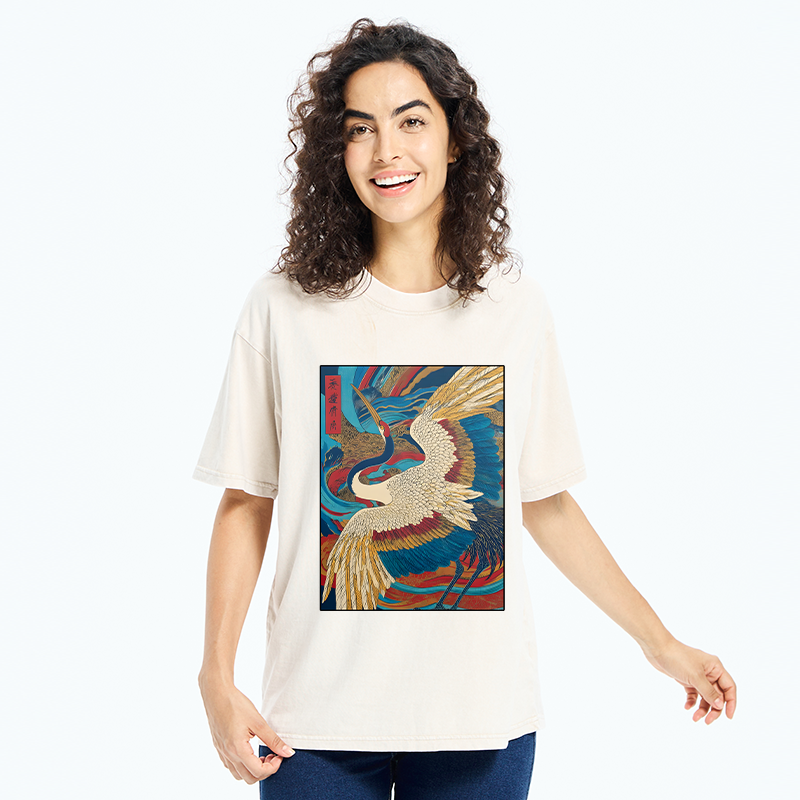 Tokyo-Tiger Retro And Gorgeous Crane Washed T-Shirt