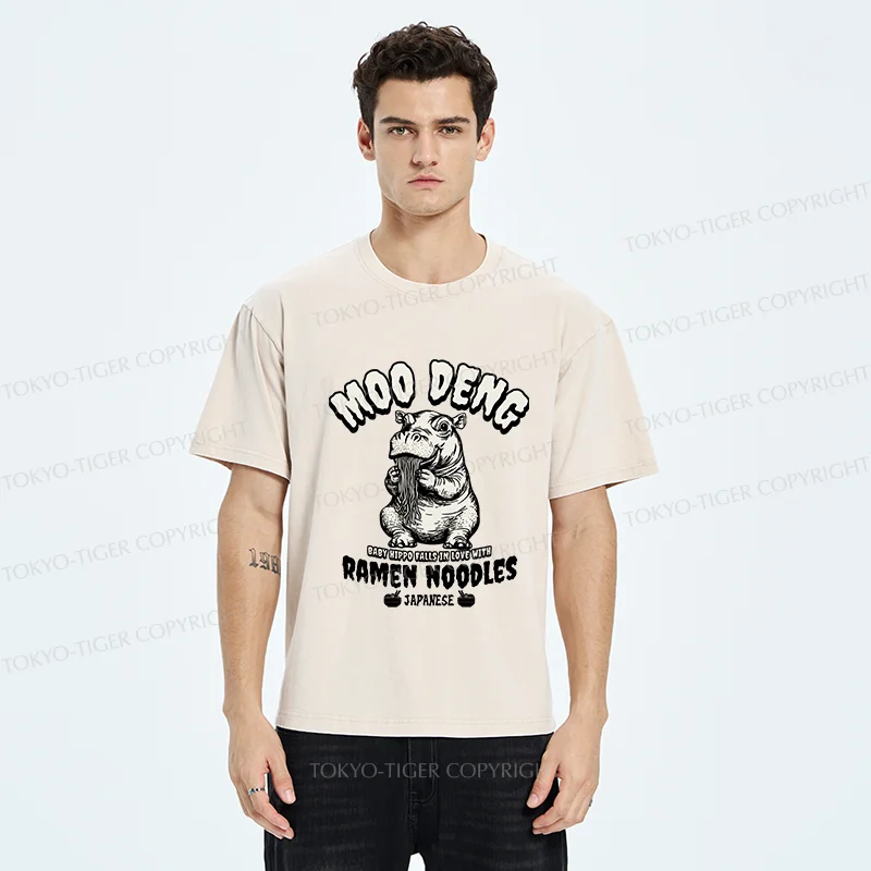 Tokyo-Tiger Moo Deng Eating Ramen Funny Washed T-Shirt