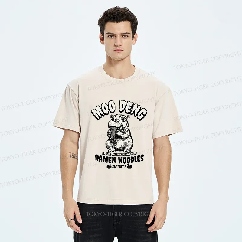 Tokyo-Tiger Moo Deng Eating Ramen Funny Washed T-Shirt