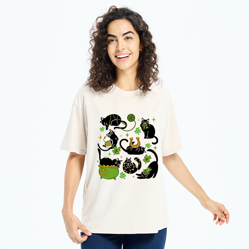 Tokyo-Tiger St Patrick's Day Black Cat Funny Washed T-Shirt