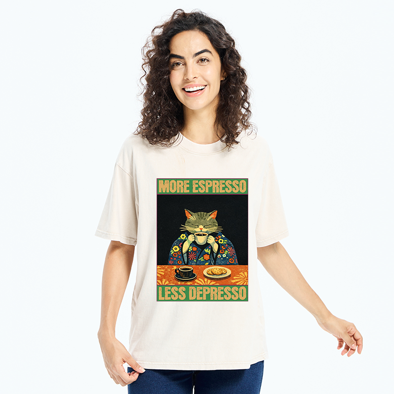 Tokyo-Tiger Cat Tasting Coffee Washed T-Shirt