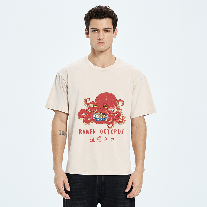 Tokyo-Tiger Cute Octopus Eating Ramen Washed T-Shirt