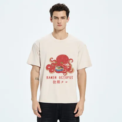Tokyo-Tiger Cute Octopus Eating Ramen Washed T-Shirt