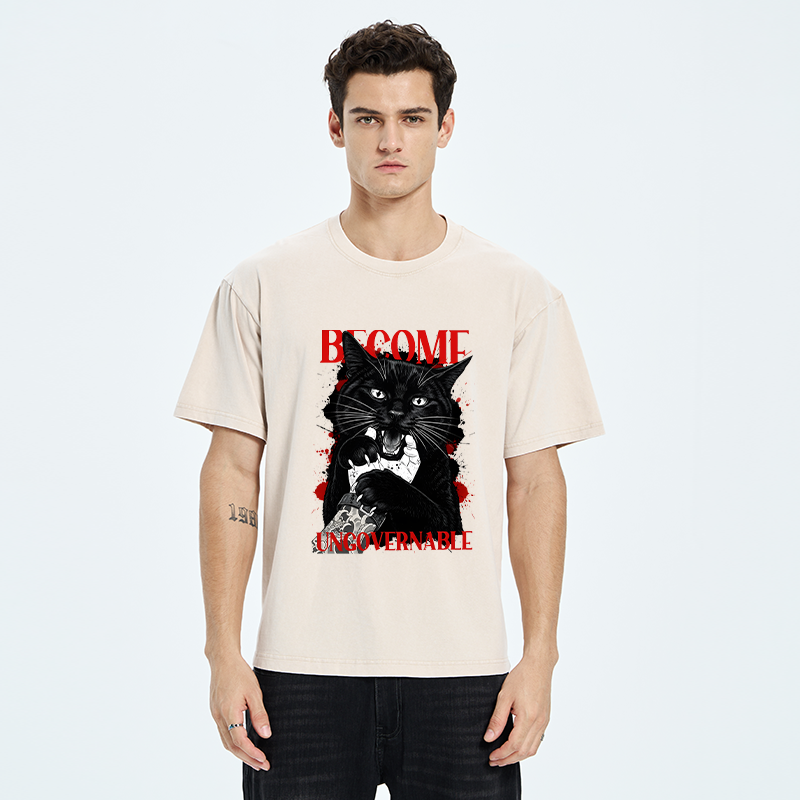 Tokyo-Tiger Biting Black Cat Washed T-Shirt
