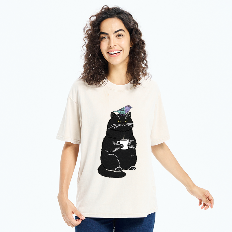 Tokyo-Tiger Black Cat And Bird Washed T-Shirt