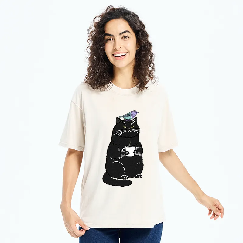 Tokyo-Tiger Black Cat And Bird Washed T-Shirt