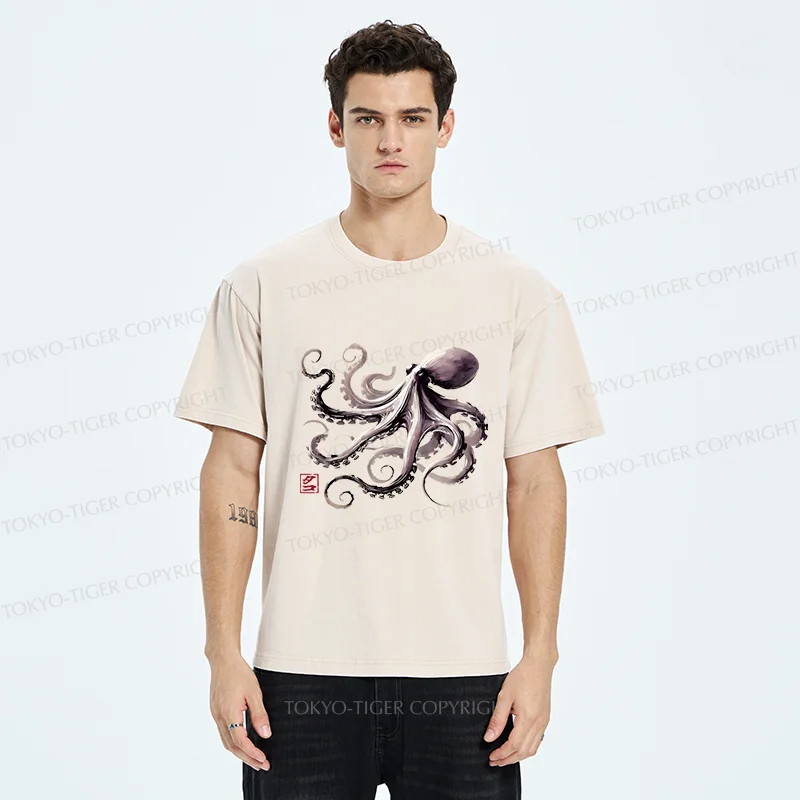 Tokyo-Tiger Retro Japanese Octopus Washed T-Shirt