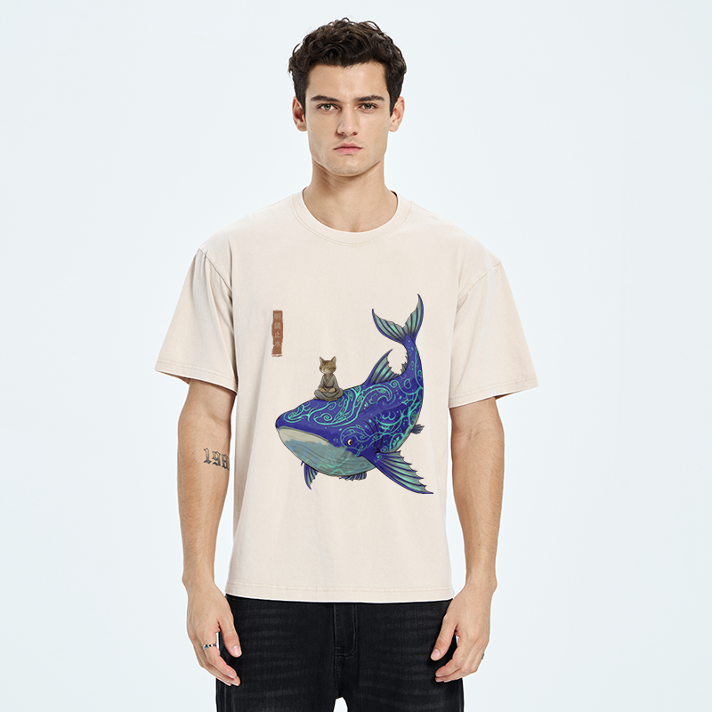 Tokyo-Tiger Cat Riding A Whale Washed T-Shirt