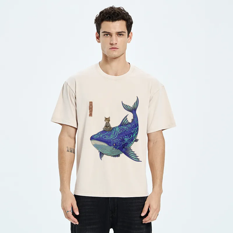 Tokyo-Tiger Cat Riding A Whale Washed T-Shirt